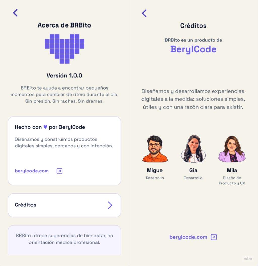 Pantallas Acerca de y Créditos de BRBito, información de BerylCode y retratos del equipo.