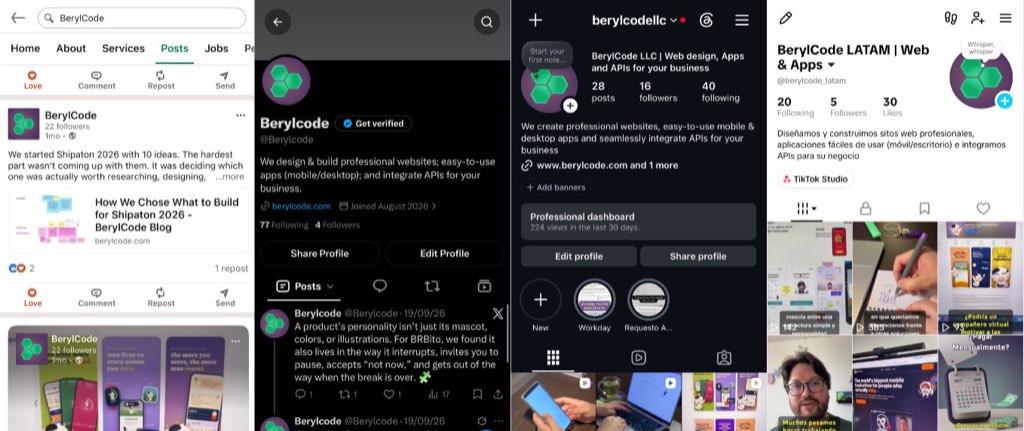 Capturas de perfiles y publicaciones de BerylCode en LinkedIn, X, Instagram y TikTok.
