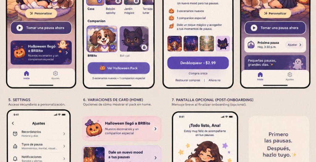 Prototipos móviles de BRBito con un paquete de Halloween, compañero especial y botón de compra única.