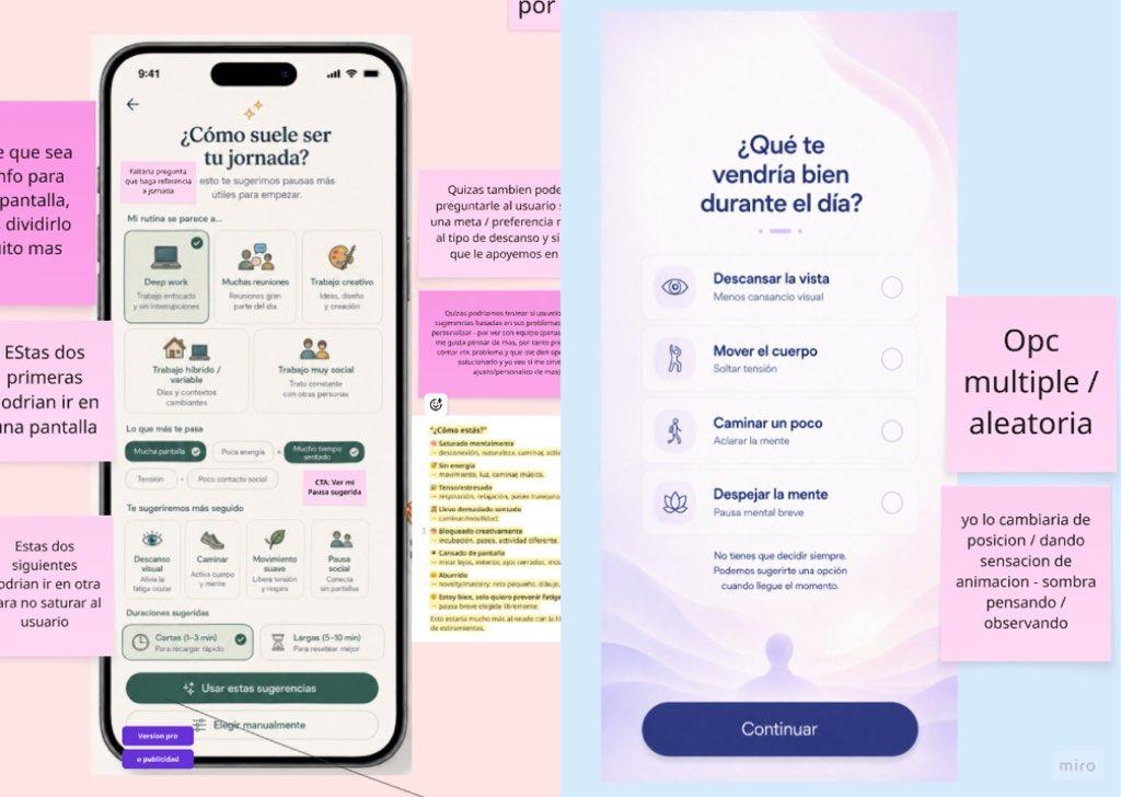 Tablero de diseño con notas sobre personalización, pausas y presencia visual.