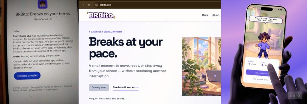 Invitación de prueba, sitio web y pantalla móvil de BRBito listos para sus primeras descargas.