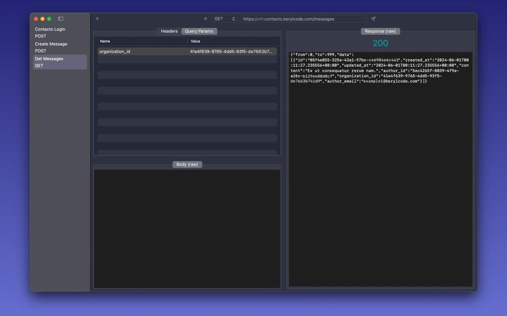 Interfaz oscura de Requesto con una respuesta JSON