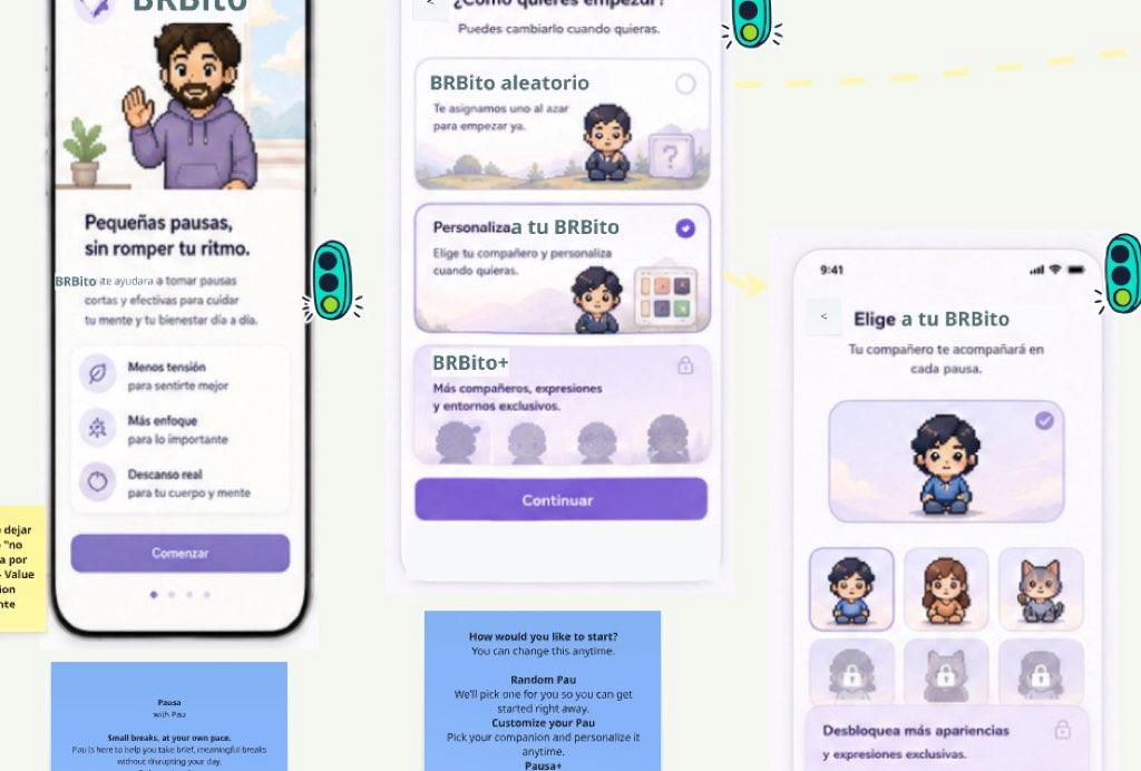 Exploración de pantallas de BRBito para presentar la app y elegir un compañero aleatorio o personalizado.