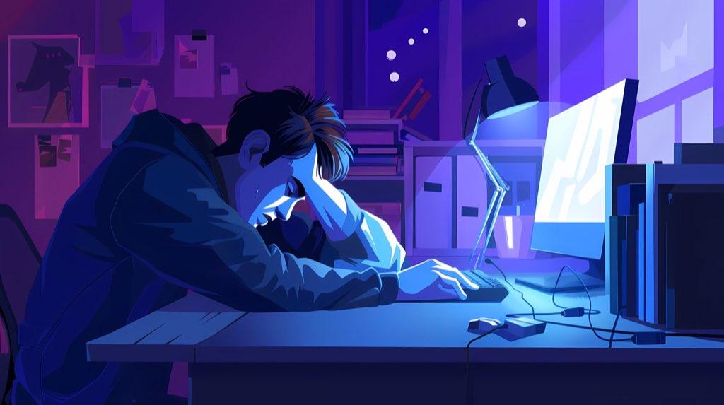 Una persona trabaja frente a un computador en un escritorio iluminado por una lámpara azul.